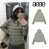 AEAE Retro Striped Henley Hoodie – Slim Fit Y2K Knitted Pullover Top