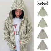 AEAE Plaid Hooded Shirt Jacket – Vintage Gingham Zip-Up Streetwear Oversized Outerwear