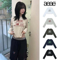 AEAE Vintage Logo Cropped Long Sleeve T-Shirt – Minimal Streetwear Slim Fit Tee