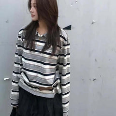 AEAE Vintage Striped Rugby Polo Long Sleeve – Retro Streetwear Loose Fit Top