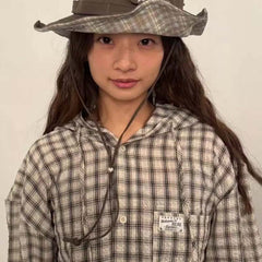 AEAE Plaid Hooded Shirt Jacket – Vintage Gingham Zip-Up Streetwear Oversized Outerwear
