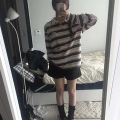 AEAE Vintage Striped Rugby Polo Long Sleeve – Retro Streetwear Loose Fit Top
