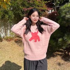 AEAE Cartoon Bear Knit Sweater – Soft Fuzzy Oversized Streetwear Pullover