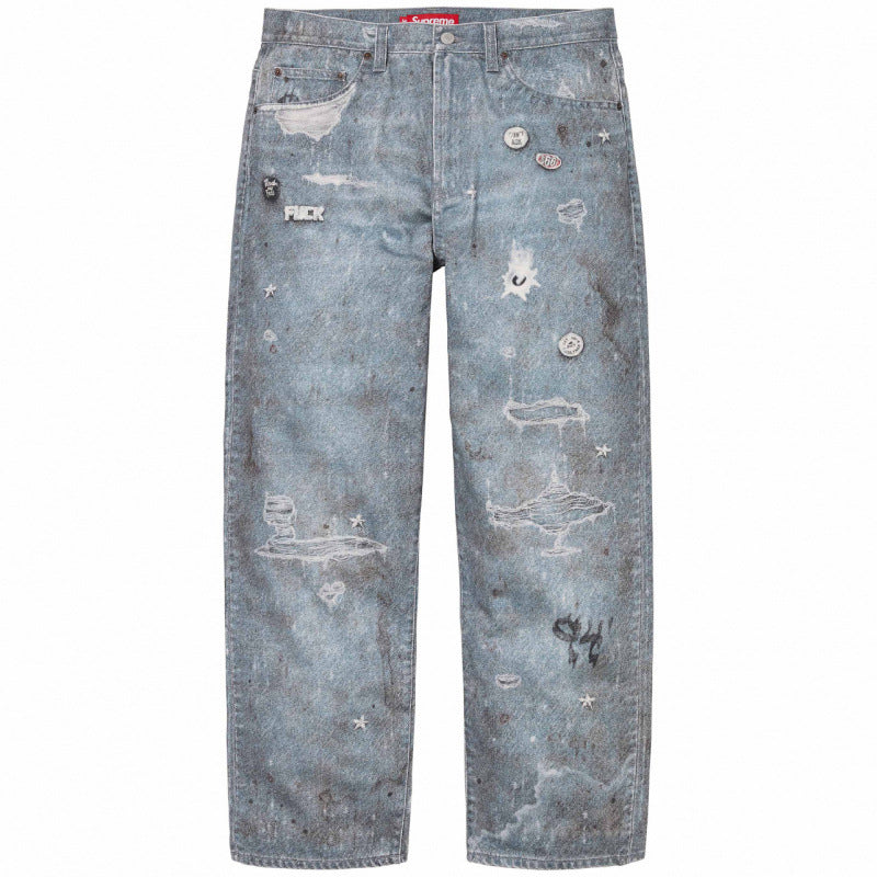 Supreme Distressed Graphic Denim Jeans - Light Blue Wash