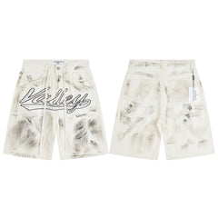 Vale Forever "Valley" Cursive Graphic Distressed Denim Shorts (Cream / White)