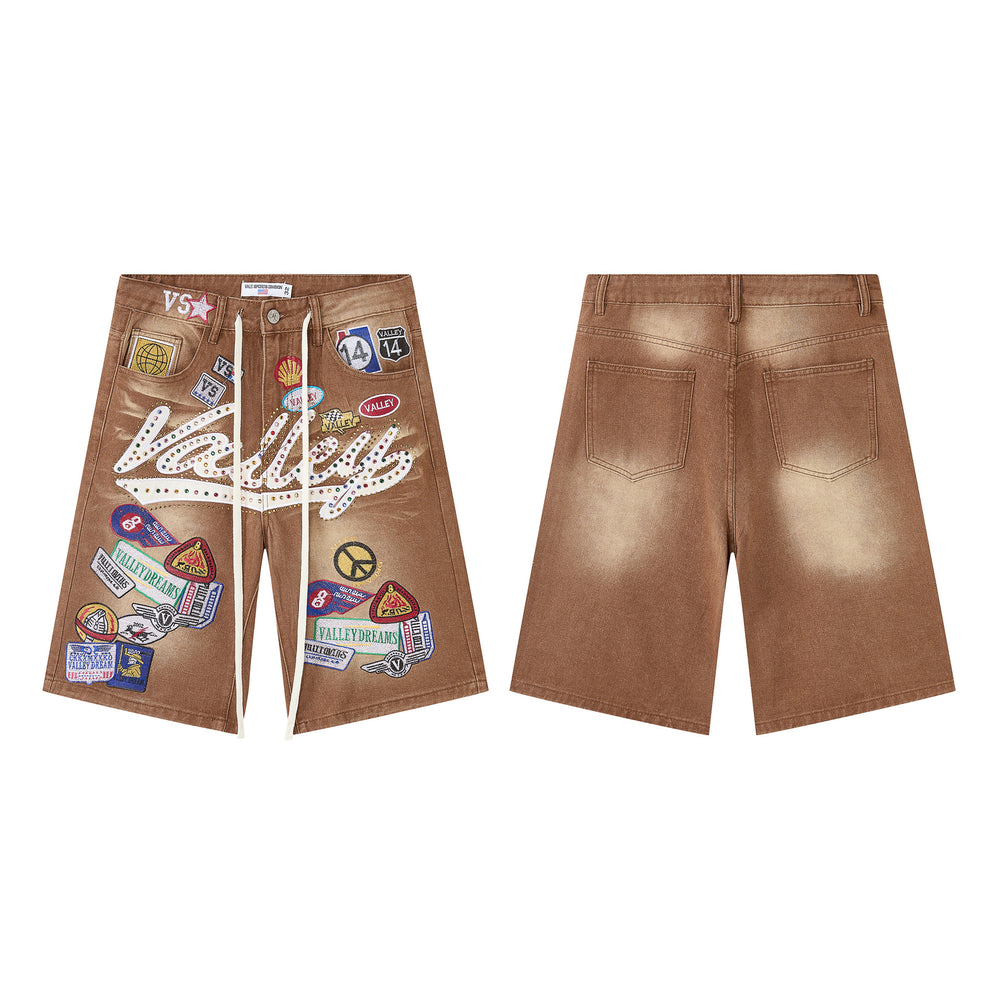 Vale Forever "Valley" Multi-Patch Graphic Denim Shorts (Washed Brown)