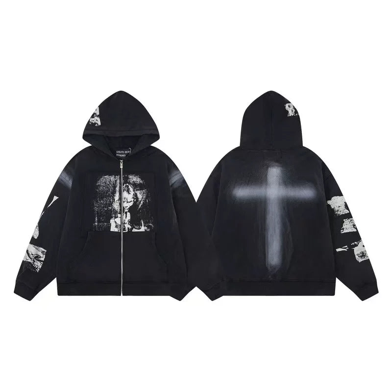 ERD Cross Graphic Full-Zip Hoodie (Washed Black)
