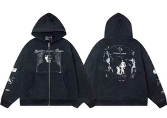 ERD Cursive Text Portrait Full-Zip Hoodie (Washed Black)
