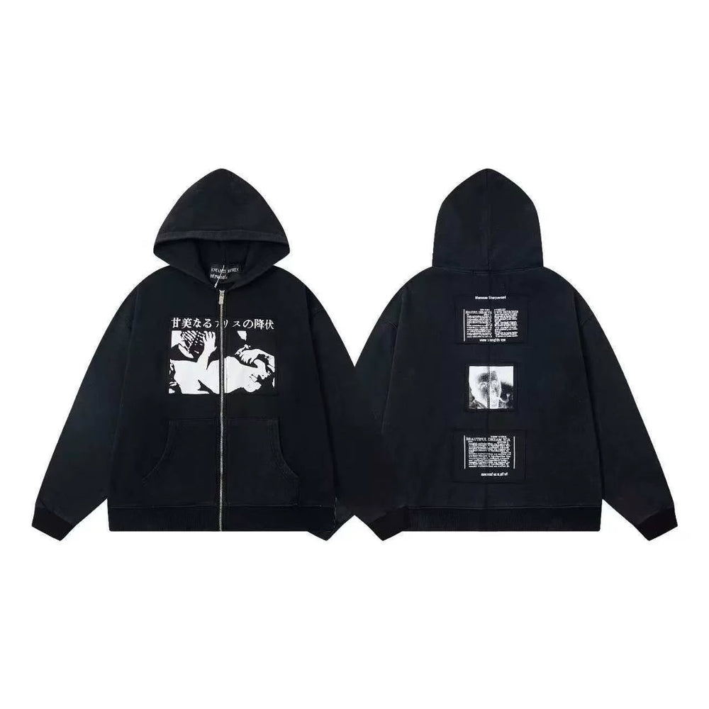 ERD Japanese Typography Graphic Full-Zip Hoodie (Black)