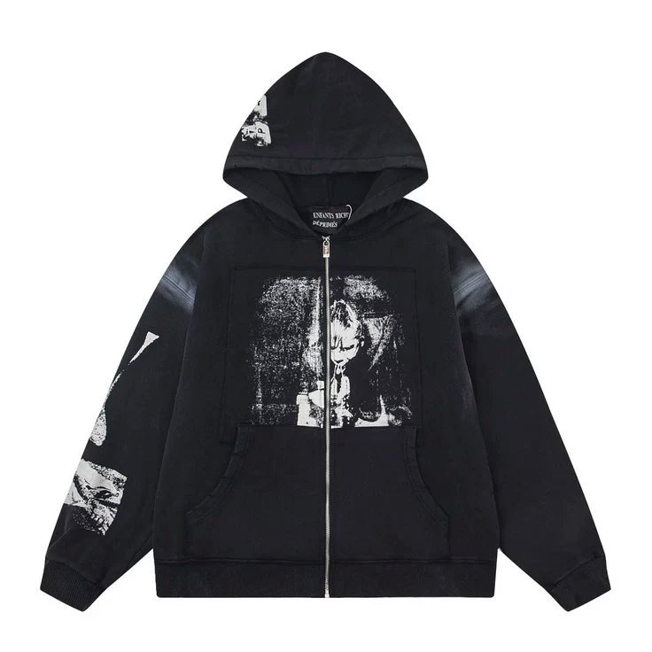 ERD Monochromatic Portrait Full-Zip Hoodie (Black)
