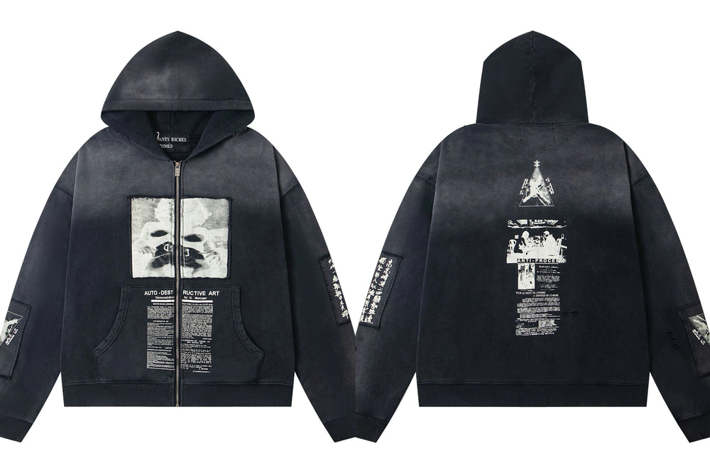 ERD Newspaper & Face Graphic Full-Zip Hoodie (Washed Black)
