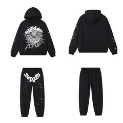 SP5DER Web Graphic Pullover Hoodie and Sweatpants Matching Set - Black / White
