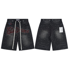 Vale Forever "Valley Dreams" Rhinestone Paint Splatter Denim Shorts (Washed Black / Red)
