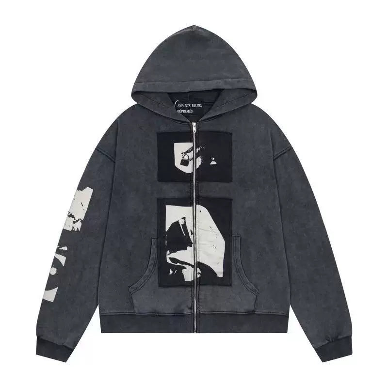 ERD Monochromatic Collage Full-Zip Hoodie (Washed Black)