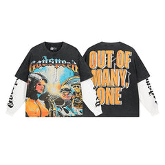 Godspeed "Out of Many, One" Futuristic Sci-Fi Graphic Black Layered-Look Long Sleeve Tee