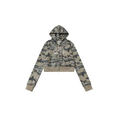 AEAE Camouflage Cropped Zip Hoodie Jacket – Dark Green Streetwear Camo Hoodie