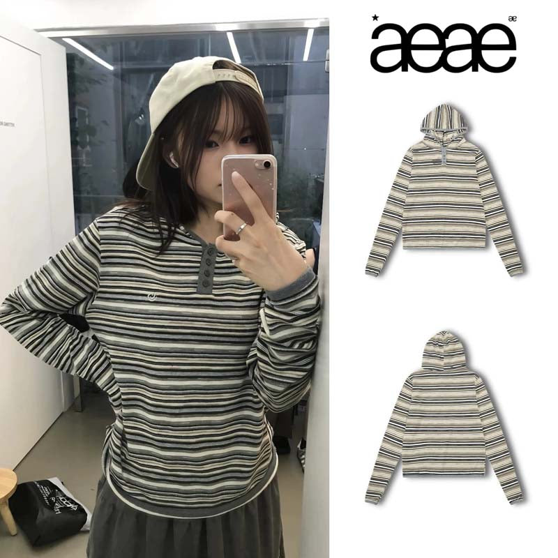 AEAE Retro Striped Henley Hoodie – Slim Fit Y2K Knitted Pullover Top
