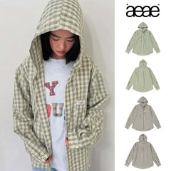 AEAE Plaid Hooded Shirt Jacket – Vintage Gingham Zip-Up Streetwear Oversized Outerwear