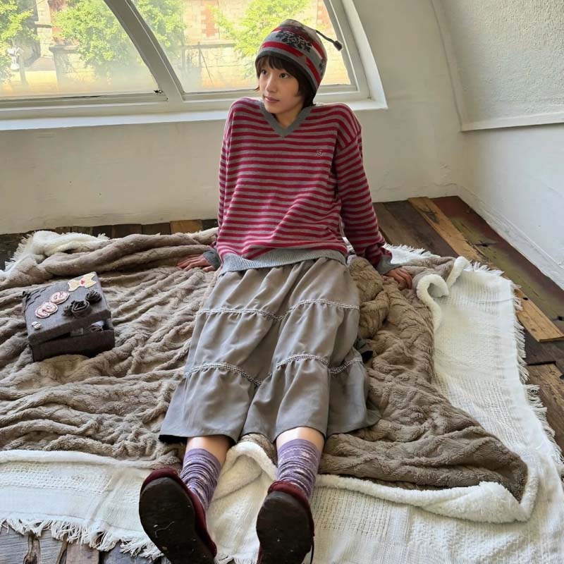 Vintage Stripe Knit Hoodie – Harajuku Style Cropped Pullover Sweater