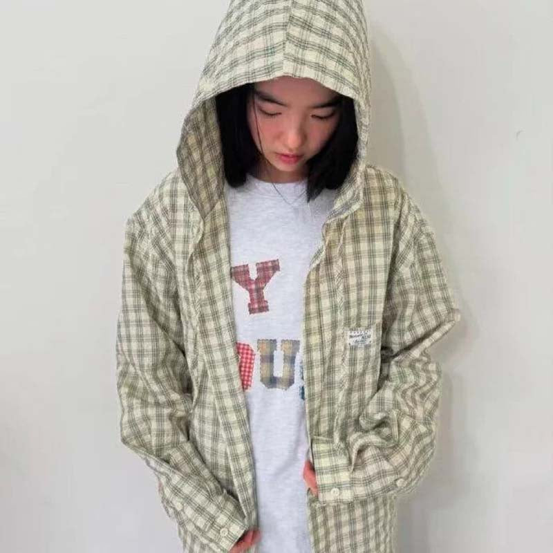 AEAE Plaid Hooded Shirt Jacket – Vintage Gingham Zip-Up Streetwear Oversized Outerwear