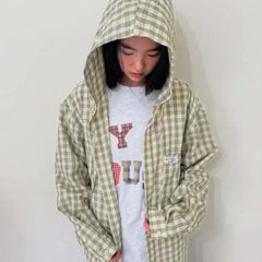 AEAE Plaid Hooded Shirt Jacket – Vintage Gingham Zip-Up Streetwear Oversized Outerwear
