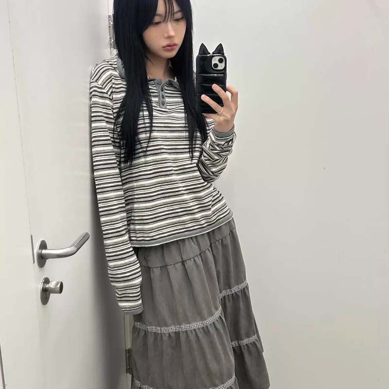 AEAE Vintage Striped Henley Hoodie – Cropped Long Sleeve Retro Streetwear Top