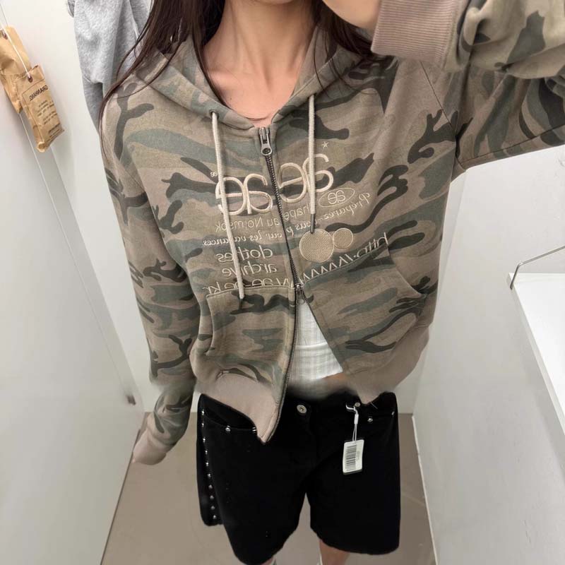 AEAE Camouflage Cropped Zip Hoodie – Y2K Streetwear Slim Fit Camo Jacket