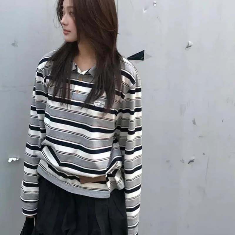 AEAE Vintage Striped Rugby Polo Long Sleeve – Retro Streetwear Loose Fit Top