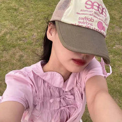 AEAE Vintage Pink Logo Mesh Baseball Cap – Beige & Olive Two-Tone Streetwear Hat