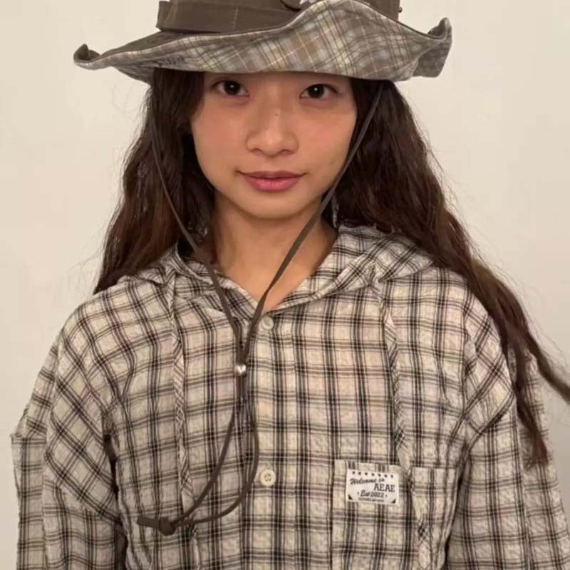AEAE Plaid Hooded Shirt Jacket – Vintage Gingham Zip-Up Streetwear Oversized Outerwear