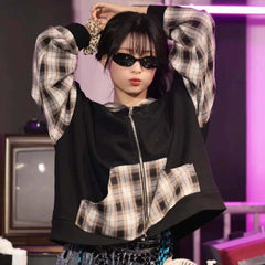 AEAE Patchwork Plaid Zip Hoodie – Y2K Streetwear Contrast Panel Jacket