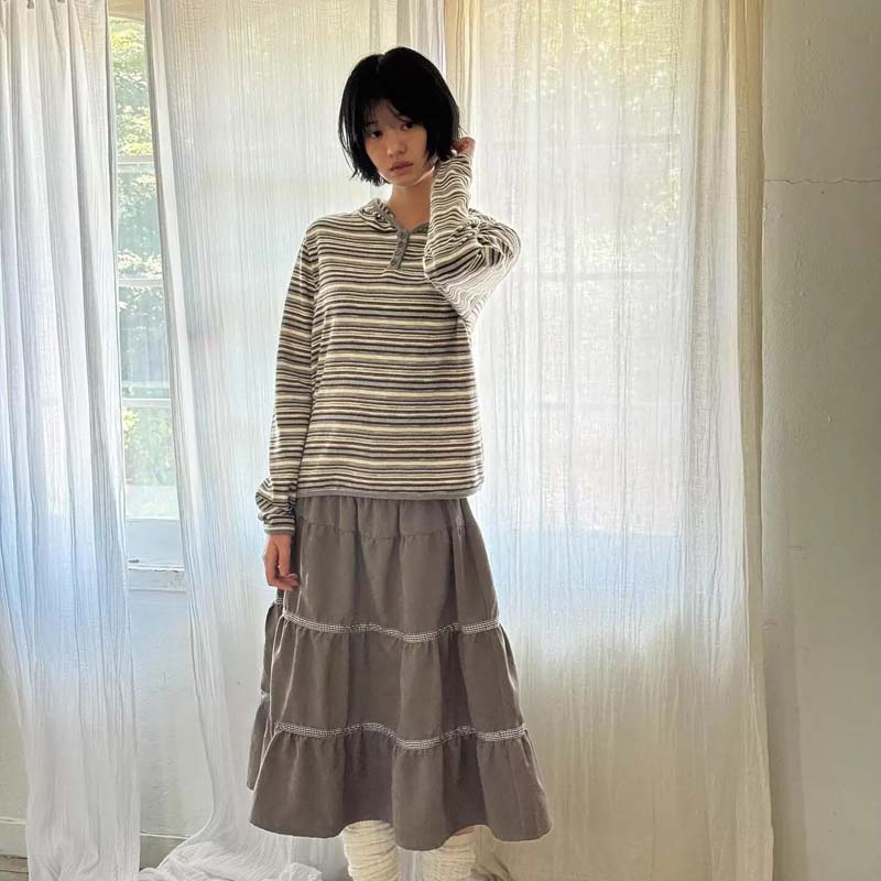 AEAE Retro Striped Henley Hoodie – Slim Fit Y2K Knitted Pullover Top