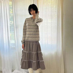 AEAE Vintage Striped Henley Hoodie – Cropped Long Sleeve Retro Streetwear Top