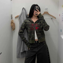 AEAE Camouflage Cropped Zip Hoodie – Y2K Streetwear Slim Fit Camo Jacket