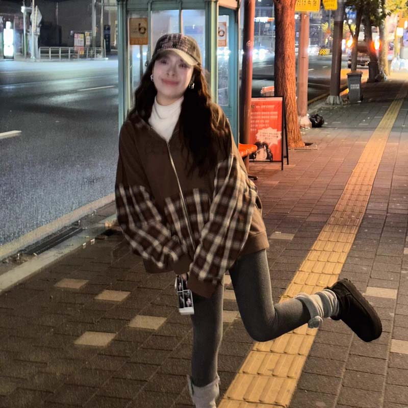 AEAE Patchwork Plaid Zip Hoodie – Y2K Streetwear Contrast Panel Jacket