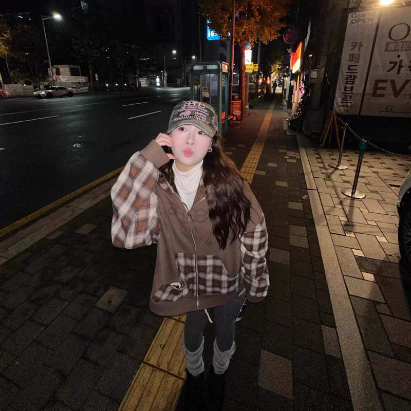 AEAE Patchwork Plaid Zip Hoodie – Y2K Streetwear Contrast Panel Jacket