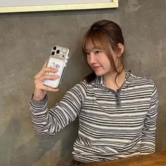 AEAE Vintage Striped Henley Hoodie – Cropped Long Sleeve Retro Streetwear Top