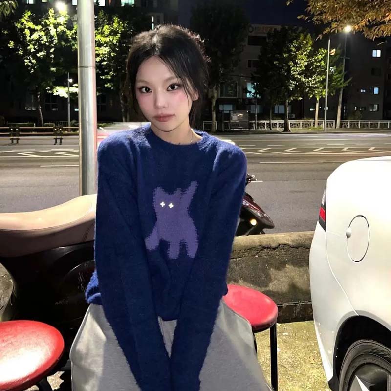 AEAE Cartoon Bear Knit Sweater – Soft Fuzzy Oversized Streetwear Pullover