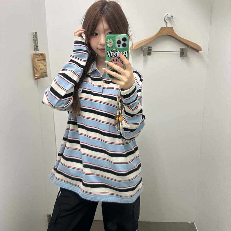 AEAE Vintage Striped Rugby Polo Long Sleeve – Retro Streetwear Loose Fit Top