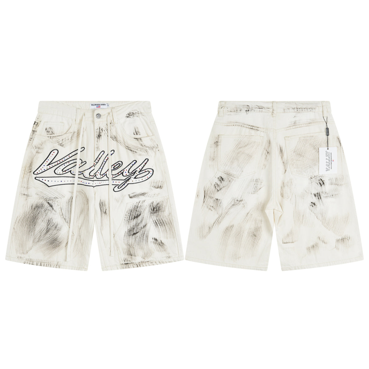 Vale Forever "Valley" Cursive Graphic Distressed Denim Shorts (Cream / White)