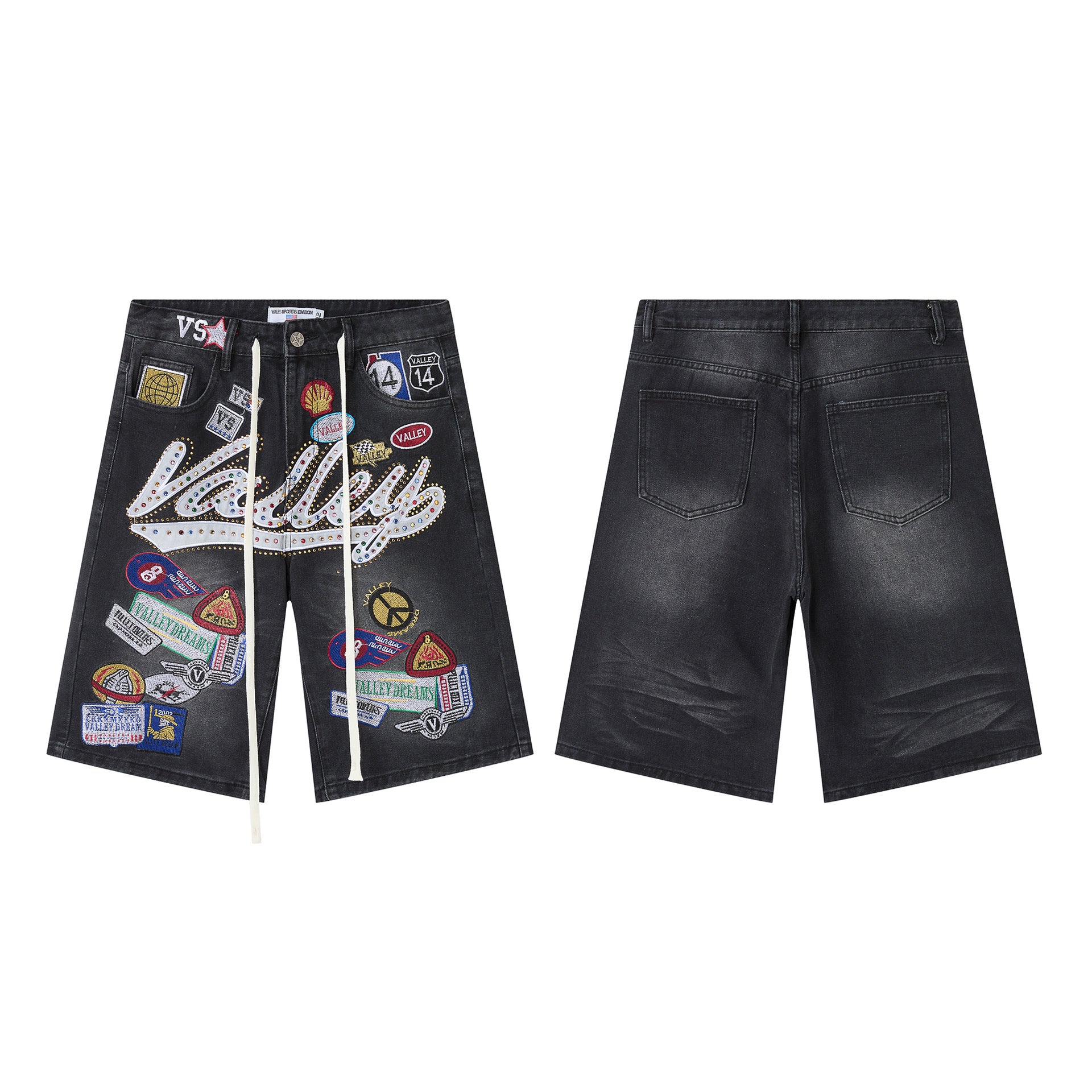 Vale Forever "Valley" Multi-Patch Graphic Denim Shorts (Washed Black)