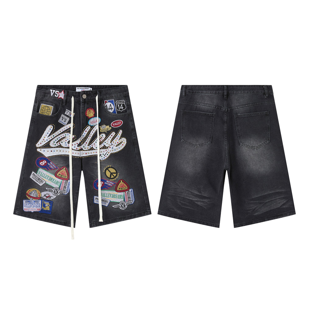 Vale Forever "Valley" Multi-Patch Graphic Denim Shorts (Washed Black)