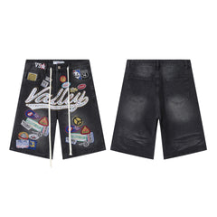 Vale Forever "Valley" Multi-Patch Graphic Denim Shorts (Washed Black)