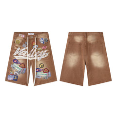 Vale Forever "Valley" Multi-Patch Graphic Denim Shorts (Washed Brown)
