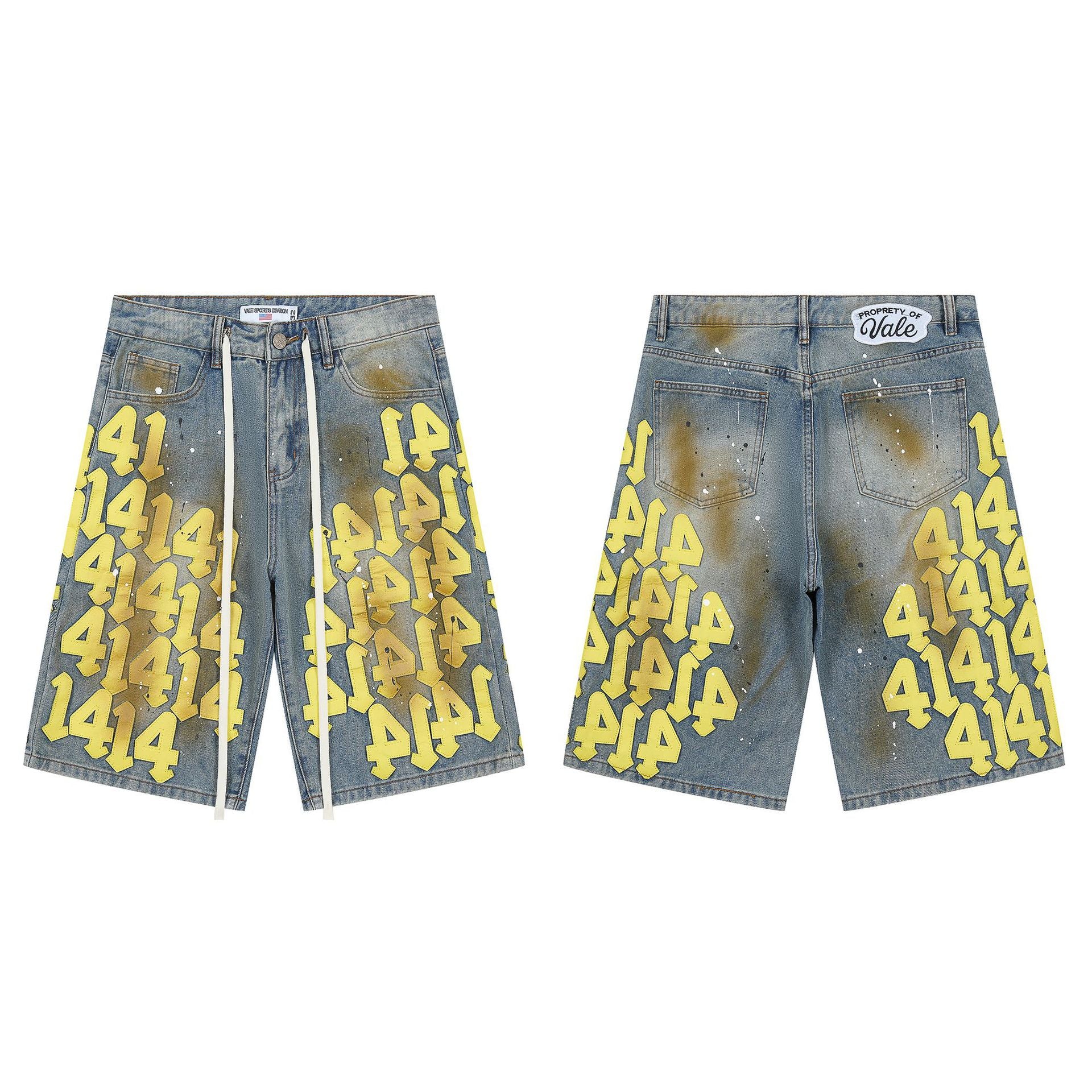 Vale Forever "414" Yellow Graffiti Distressed Denim Shorts (Washed Blue)