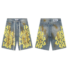 Vale Forever "414" Yellow Graffiti Distressed Denim Shorts (Washed Blue)