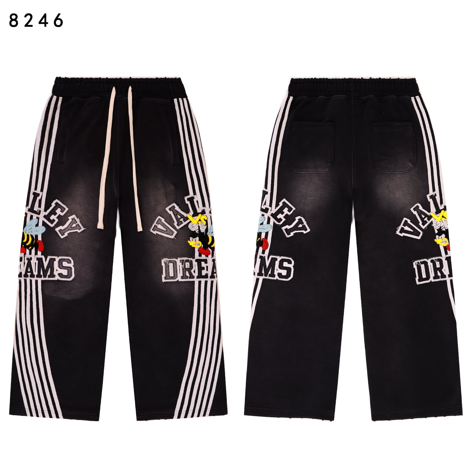 Vale Forever "Valley Dreams" Bee Stripe Graphic Drawstring Sweatpants (Washed Black)