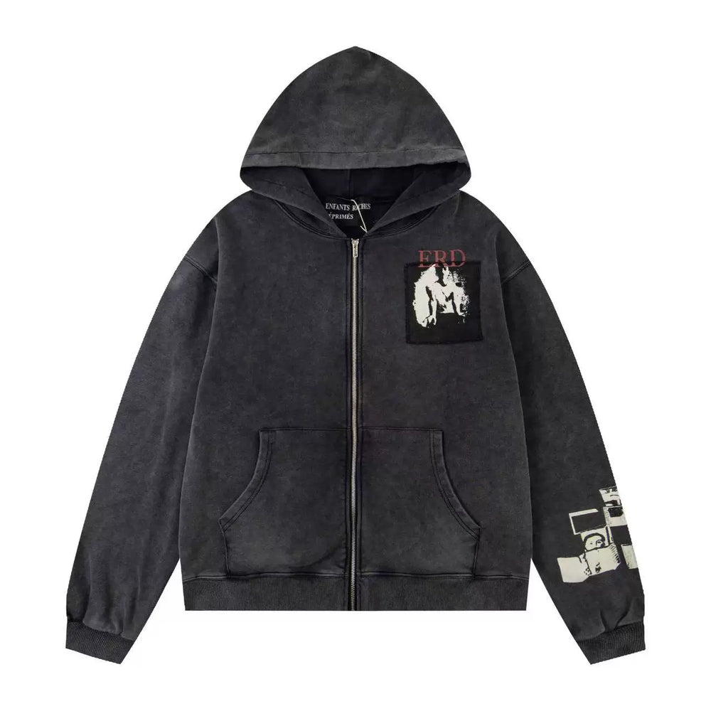 ERD Red Logo Graphic Full-Zip Hoodie (Washed Black)