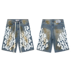 Vale Forever "414" White Graffiti Distressed Denim Shorts (Washed Blue)