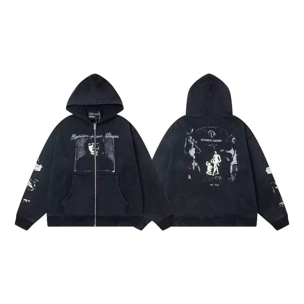 ERD Cursive Script Figure Graphic Full-Zip Hoodie (Washed Black)